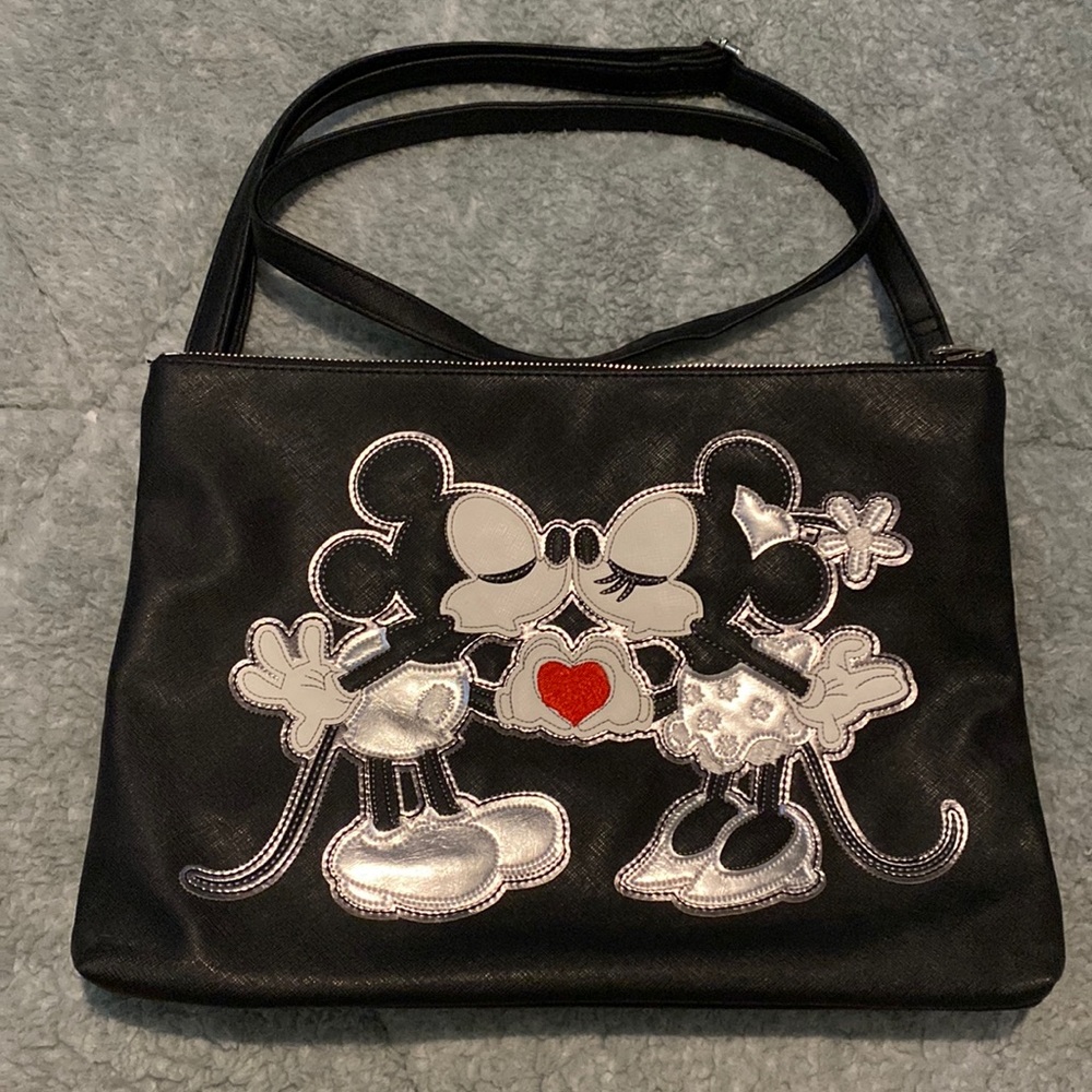 Disney Mickey & Minnie Black Shoulder Embroidered Metallic Crossbody Bag